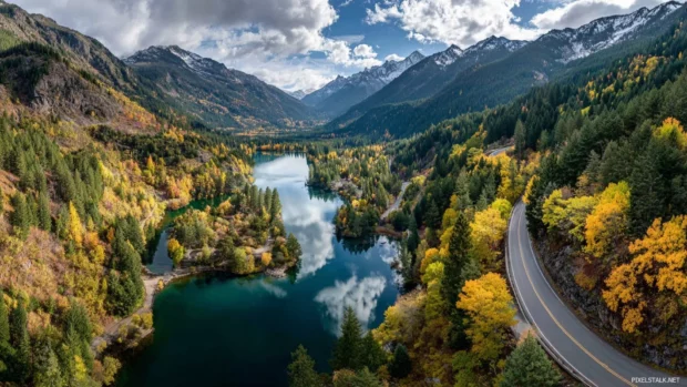 Breathtaking Fall mountain panorama with winding roads, colorful forests and peaceful lakes shimmering below.