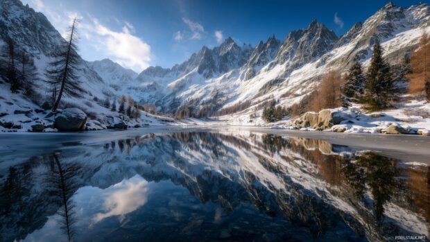 Breathtaking snowy landscape wallpapers HD with a frozen lake reflecting the majestic mountains and the winter sky.