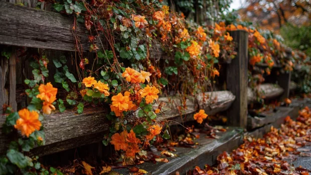 Bright Autumn flowers blooming next to a wooden fence wrapped in orange vines and fallen leaves.