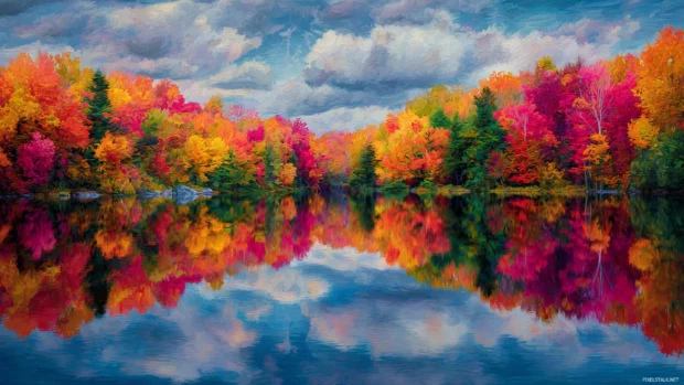 Bright Fall foliage reflected on a serene lake in a photorealistic painterly style.