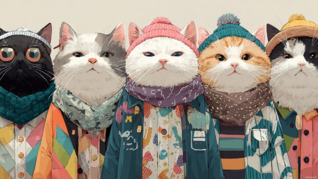 Bright and lively cute anime cat wallpaper covering different cat breeds in fun outfits.