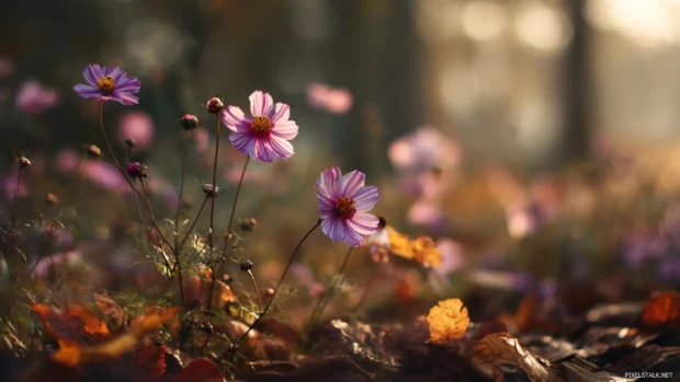 Bright flowers standing tall in an Autumn meadow, surrounded by falling leaves and warm afternoon light.