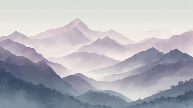 Calm aesthetic computer wallpaper depicting watercolor mountains in muted tones with subtle morning mist, serene vibe.