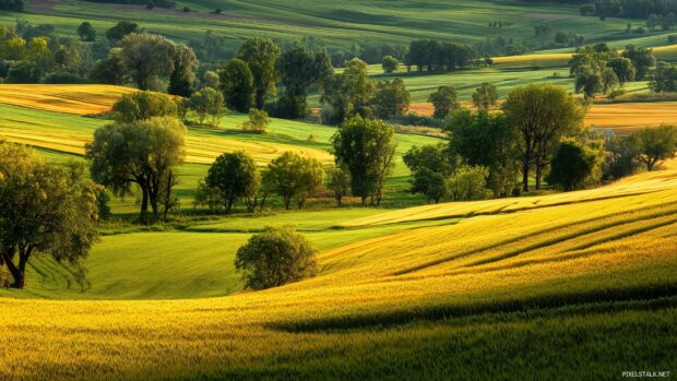 Calm countryside scene with high resolution green wallpapers showcasing golden fields.