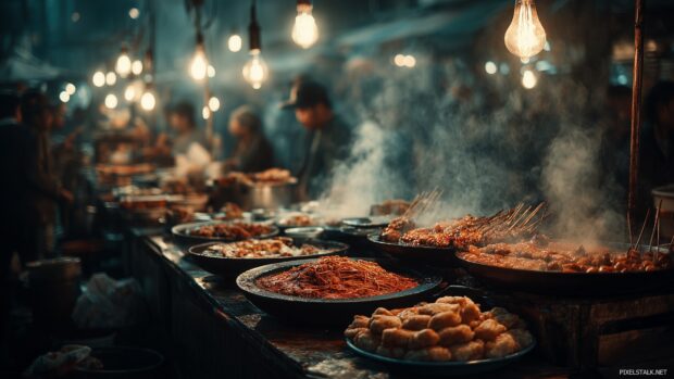 Captivating food images HD with a vibrant street food scene bustling with people and flavors.