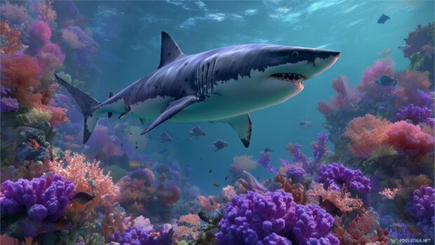 Captivating shark screensaver with a realistic depiction of a shark hunting in a vibrant coral reef.