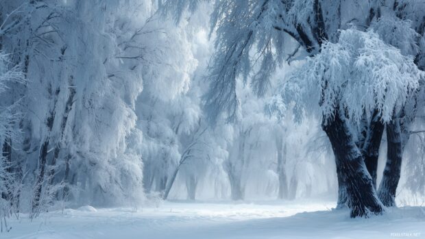 Captivating snow covered trees wallpapers HD creating a magical atmosphere with branches heavy with fresh snow.