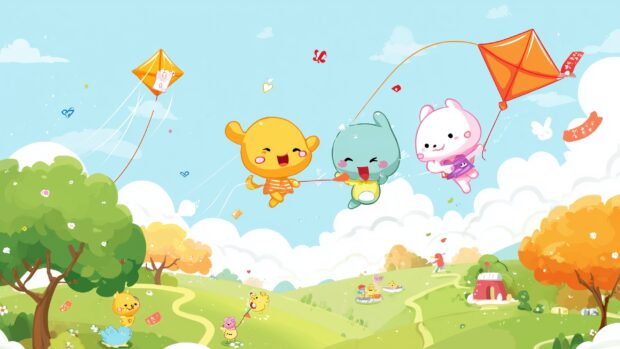 Cartoon Kawaii Wallpapers, A bright and cheerful park with cute characters flying kites and having fun together.