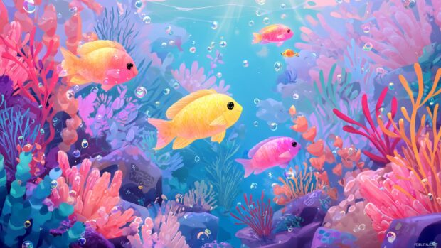 Cartoon Kawaii Wallpapers, A whimsical underwater world with cute fish and shimmering coral, infused with bright colors.