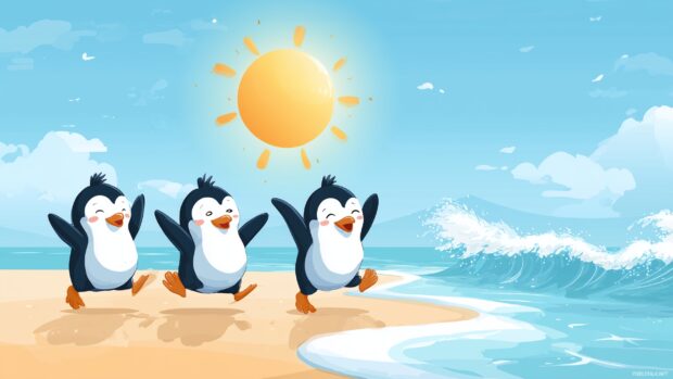 Cartoon Penguin Backgrounds, Playful cartoon penguins dancing on a colorful beach with vibrant sun and waves.