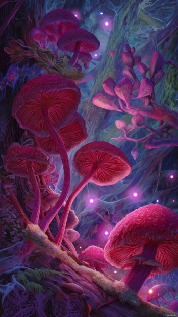 Cell phone art, Fantasy creatures frolicking in a magical forest full of glowing mushrooms.