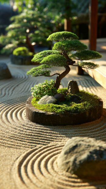 Cell phone backgrounds, A peaceful zen garden with meticulously raked gravel and bonsai trees.