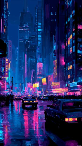 Cell phone graphics, Retro inspired neon lights illuminating a bustling city street at night.