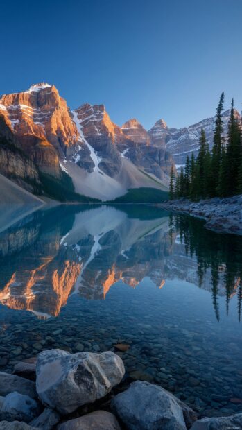 Cell phone images, A majestic mountain range reflected in a crystal clear lake at dawn.