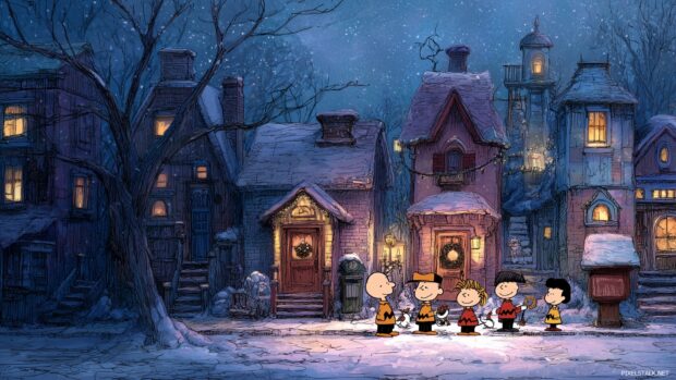 Charlie Brown Christmas Art Wallpaper, An artistic depiction of Charlie Brown and his friends caroling in a cozy neighborhood,.