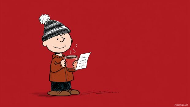 Charlie Brown Christmas Card Wallpaper, An elegant design featuring Charlie Brown writing holiday cards with a cup of cocoa,.