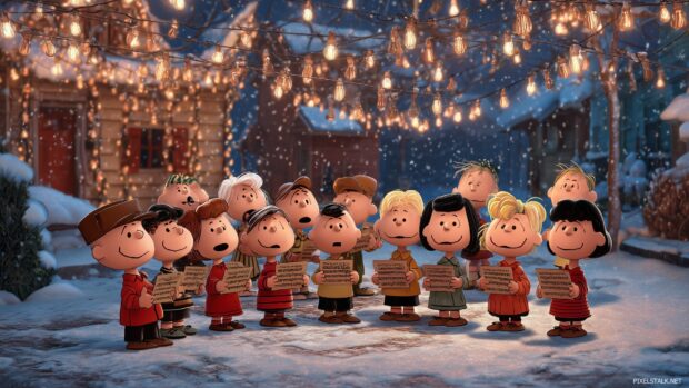 Charlie Brown Christmas Carol Wallpaper, Charlie Brown leading a group of kids in singing Christmas carols under twinkling lights,.