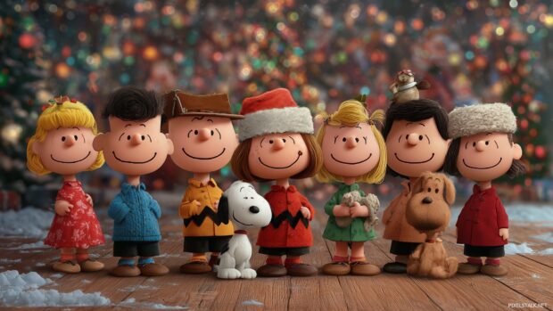 Charlie Brown Christmas Desktop Background, A cheerful Christmas celebration with Charlie Brown, Lucy, and friends, all wearing festive outfits,.