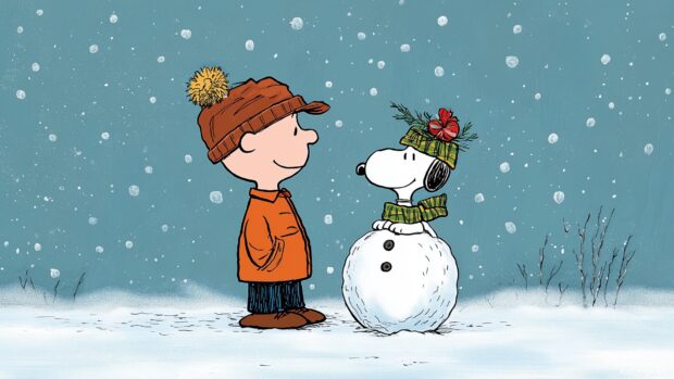 Charlie Brown Christmas Season Wallpaper, A whimsical illustration of Charlie Brown building a snowman with Snoopy by his side,.