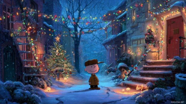 Charlie Brown Christmas Wallpaper, A cozy winter scene featuring Charlie Brown surrounded by Christmas lights and a decorated tree,.