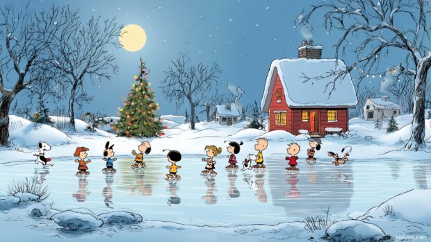 Charlie Brown Festive Wallpaper, A heartwarming scene of Charlie Brown and his friends ice skating on a frozen pond, surrounded by holiday cheer,.