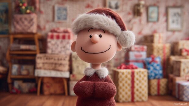 Charlie Brown Santa Costume Wallpaper, Charlie Brown dressed as Santa, smiling as he prepares gifts for his friends in a festive room,.