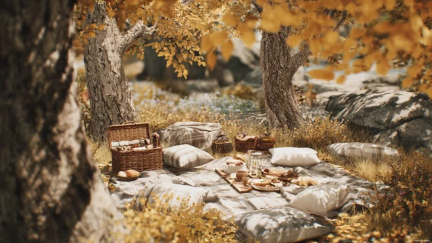 Charming Fall picnic setting with blankets, baskets and crisp leaves under golden trees, designed in 3D style.