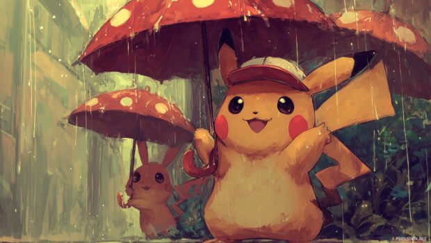 Charming Pikachu wallpapers hd depicting Pikachu enjoying a rainy day with cute umbrellas.