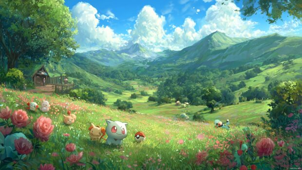 Charming Pokemon backgrounds for desktop featuring a serene meadow with blooming flowers and happy Pokemon.