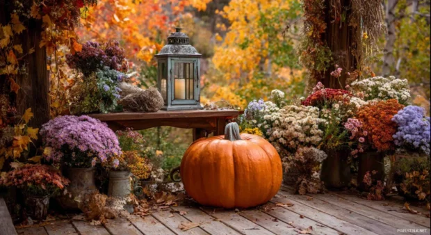 Charming Pumpkin displayed on a vintage porch with dried flowers, lanterns, and a backdrop of colorful fall foliage.