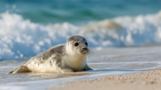 Charming baby animals desktop, An adorable baby seal resting on the shore, basking under the sun with gentle waves in the background.
