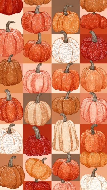 Charming hand drawn pumpkin tiles in warm autumn colors forming a cozy repeating layout.