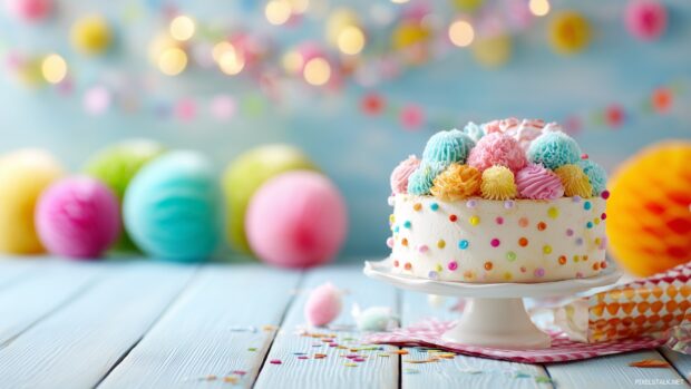 Charming happy birthday wallpaper hd featuring a beautifully decorated cake and vibrant party decorations.