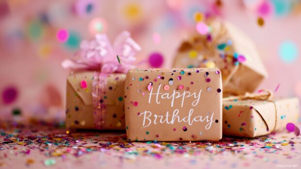 Charming happy birthday wallpaper hd images featuring presents and confetti in a joyful scene.