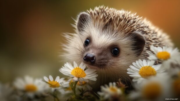 Charming high definition cute baby animal backgrounds, highlighting baby hedgehogs exploring flowers.