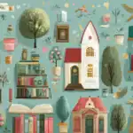 Charming library mural wallpaper capturing whimsical elements of reading and discovery, perfect for a cheerful desktop