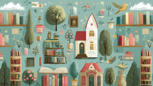 Charming library mural wallpaper capturing whimsical elements of reading and discovery, perfect for a cheerful desktop.
