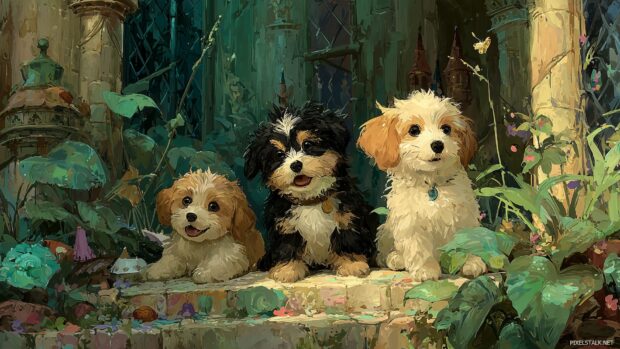 Charming puppy backgrounds representing a whimsical kingdom filled with puppies and enchanted gardens.