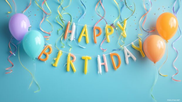 Cheerful happy birthday wallpaper hd perfect for desktops, highlighting balloons and streamers.