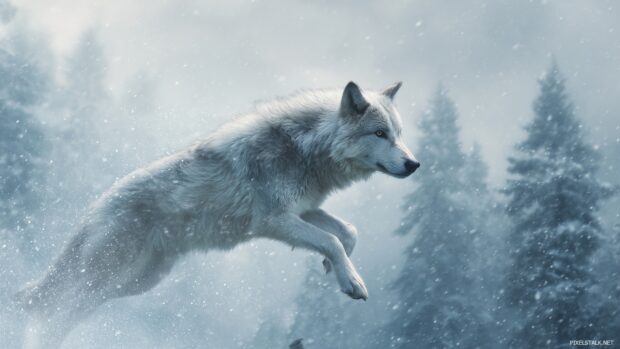 Cinematic presentation of the best wolf desktop wallpapers showing a wolf leaping through a winter wonderland.