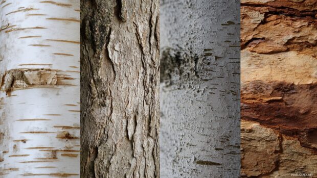 Close up of birch bark backgrounds showcasing intricate textures and patterns.