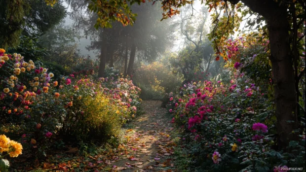 Clusters of bright flowers shining through Autumn mist, leaves gently covering the surrounding garden path.