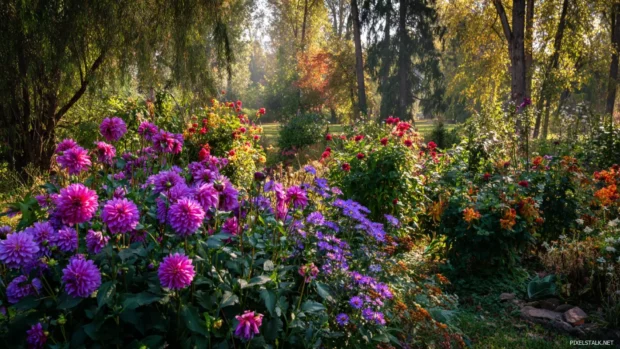 Colorful Autumn garden featuring dahlias and asters in full bloom, soft sunlight filtering through nearby trees.