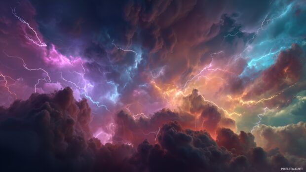 Colorful Lightning Backgrounds, A vibrant display of colorful lightning bolts against a dark sky creating a mesmerizing atmosphere.
