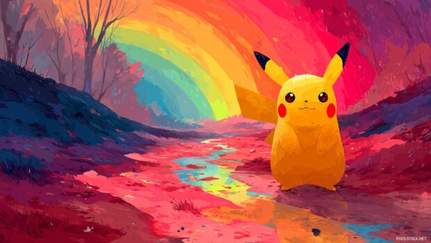 Colorful Pikachu wallpapers showing Pikachu amidst a colorful rainbow landscape.