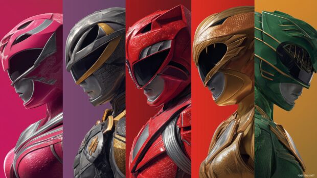 Colorful Power Rangers desktop wallpapers showcasing each ranger's unique costume designs in detail.