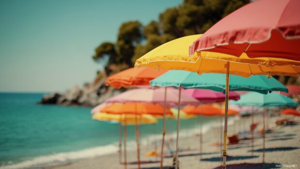Colorful beach umbrellas on a sunny day seaside, beach hd wallpapers for desktop.