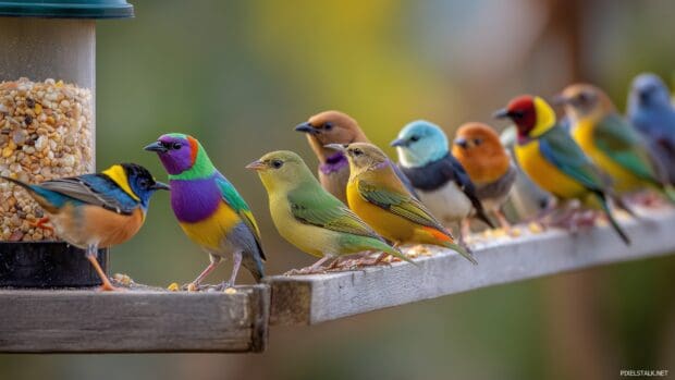 Colorful bird wallpapers hd, A dynamic view of various species of colorful birds feeding together at a sunny bird feeder, surrounded by greenery.