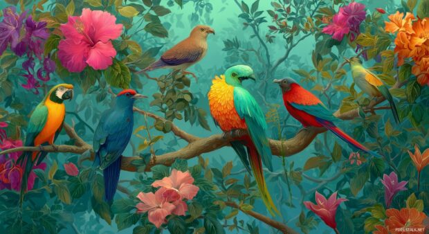 Colorful bird wallpapers hd, A vibrant scene filled with various colorful birds perched on lush tropical branches, surrounded by exotic flowers and greenery.