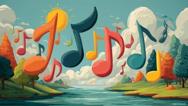 Colorful music note wallpapers, A playful collection of cartoon style music notes dancing on a bright, sunny landscape, radiating happiness and cheerfulness.